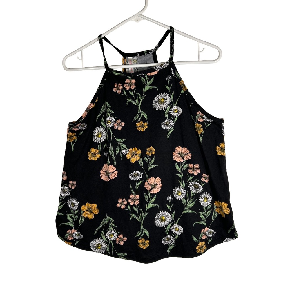 Sweet Womens Black Daisy Floral Halter Racerback Tank Top Large Made in USA